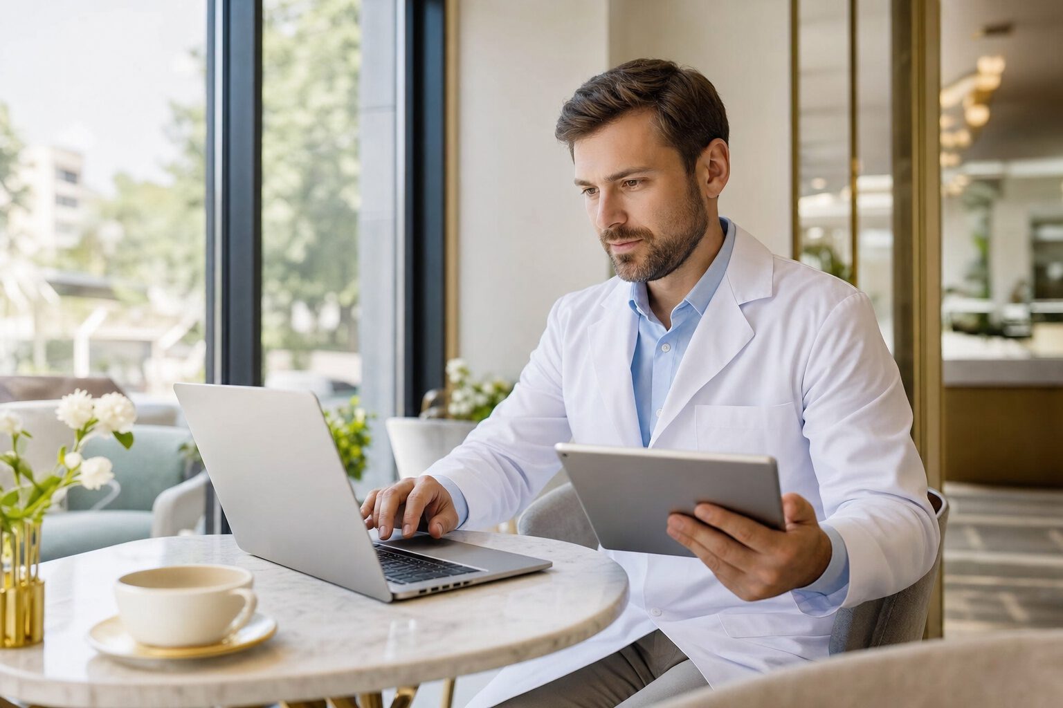 Dentist securely accessing Orixdent from a laptop outside the clinic