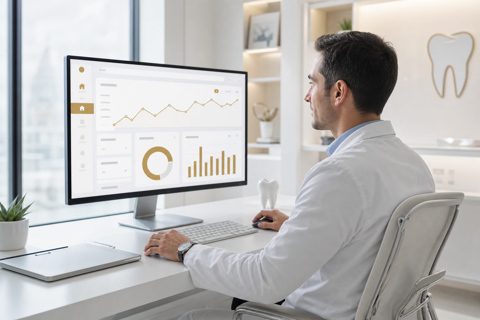 Clinic owner reviewing real-time performance dashboards on Orixdent