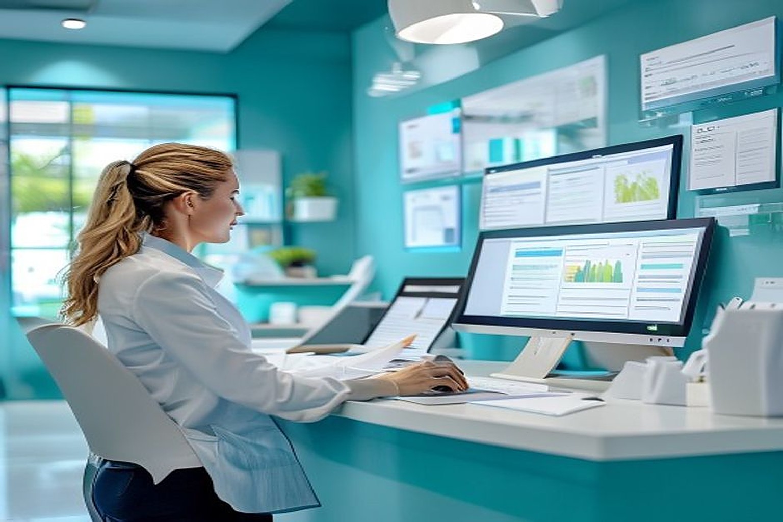 Dental clinic receptionist using clinic management software at front desk