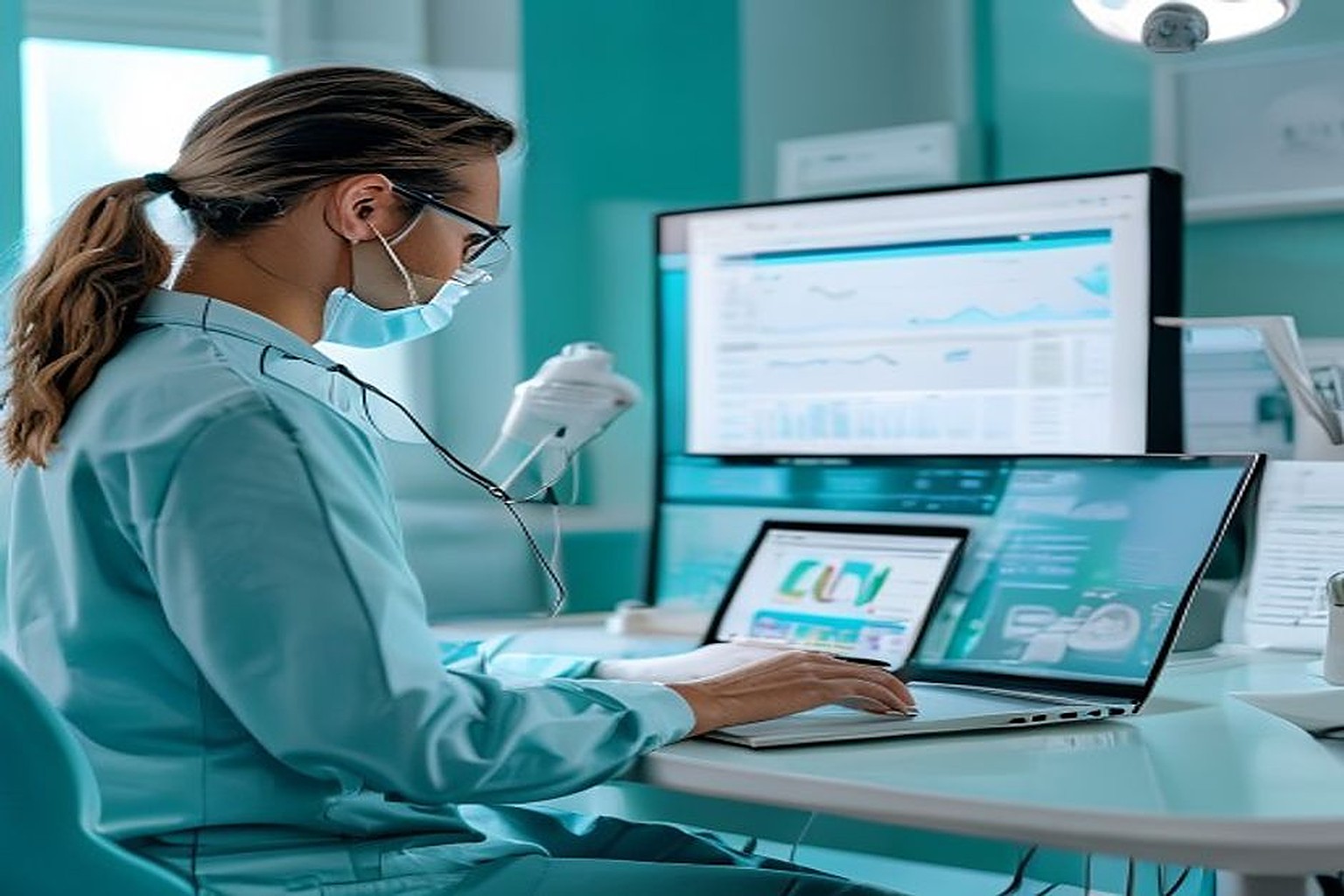 Dentist securely accessing clinic software from a laptop outside the clinic