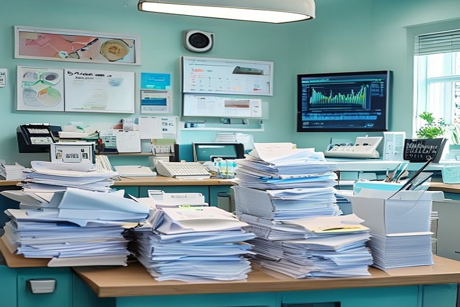 Cluttered dental clinic desk with paper files and disconnected tools