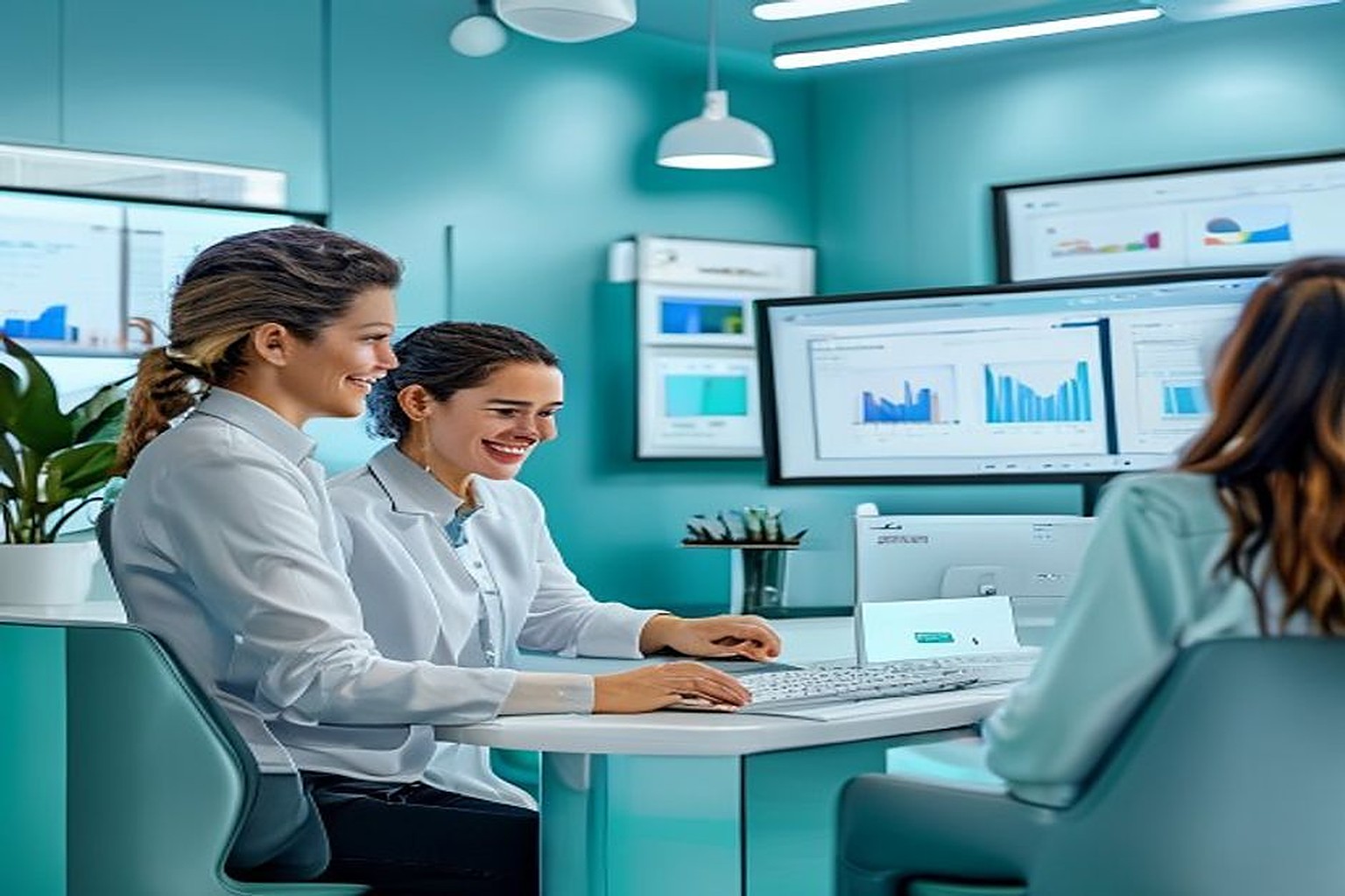 Dental clinic receptionist using Orixdent at a modern front desk