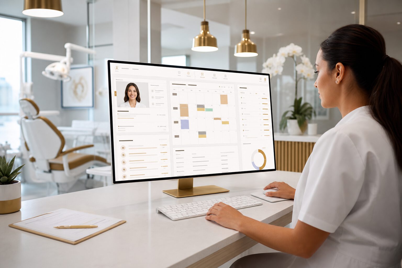 Modern dental clinic using a unified cloud EMR dashboard on a large monitor